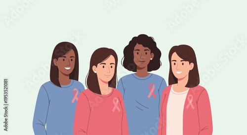Group portrait of four women with pink ribbons for breast cancer awareness month. Unity, support and health concept illustration