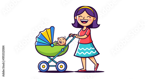Happy woman pushing a baby carriage with a child, expressing parenthood happiness and care concept. Vector illustration for motherhood, family design