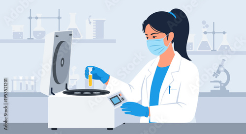 Woman scientist using laboratory centrifuge, concept of scientific research, medical test, analysis, experiment. Vector illustration for banner
