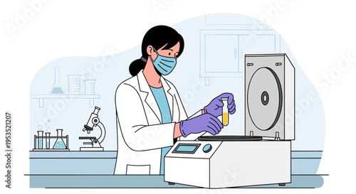Woman scientist doctor with face mask performing medical experiment in laboratory with equipment. Medical research testing concept vector illustration