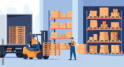 Industrial warehouse workers managing stock using yellow forklift and organizing cardboard boxes on tall storage metal racks.