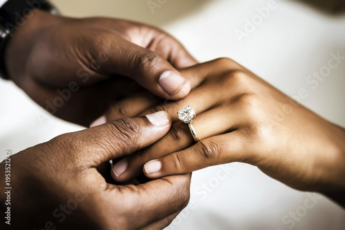 Marriage proposal. Close-up view of couple's hands as one partner places an engagement ring on other's finger, showcasing intricate design of ring and intimate moment of marriage proposal