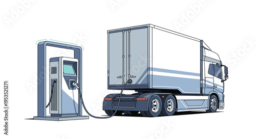 Modern heavy duty electric truck parked at charging station for battery replenishment in sustainable freight transportation concept.
