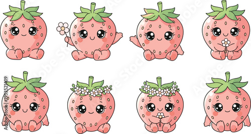 Cute kawaii strawberry character collection with adorable faces, floral accessories and playful expressions in sweet cartoon style vector illustration set