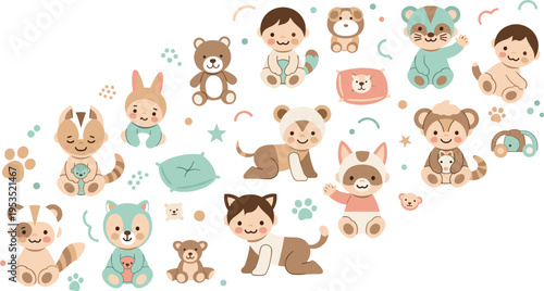 Cute Kids and Baby Animals Collection with Children Playing with Puppies Kittens and Teddy Bears in Cartoon Vector Illustration Style.