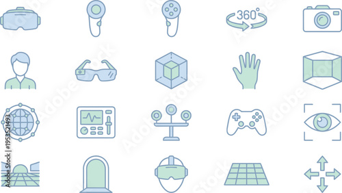 A comprehensive collection of virtual reality and augmented reality technology icons, perfect for modern digital designs.