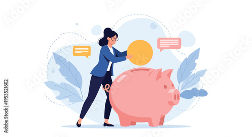 Businesswoman investing money by putting large gold coin into pink piggy bank to represent financial savings and wealth growth.