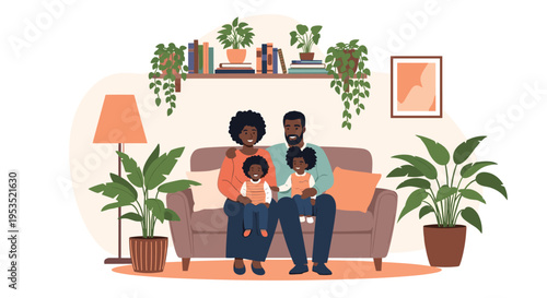 Happy African American family with two children sitting comfortably on sofa in cozy living room decorated with indoor plants.