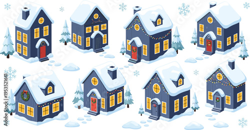 Cute winter village houses collection with snowy rooftops, cozy glowing windows, festive decorations and charming Christmas holiday cartoon style illustration