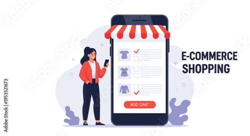 Young woman browsing clothing items on large smartphone screen for online shopping and adding products to e-commerce cart.