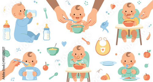 Baby Feeding Process Collection with Newborn Infants Eating Drinking and Being Helped by Parents in High Chair Cartoon Vector Illustration Style.