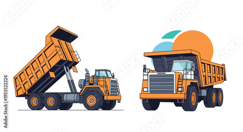 Heavy machinery concept featuring two large yellow industrial dump trucks used for mining or major construction projects.
