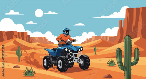 Adventurous rider on blue ATV quad bike driving through desert landscape with sand dunes, canyons, and cacti under sunny sky.