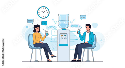 Office break scene with male and female colleagues having friendly conversation while drinking water near office water cooler.