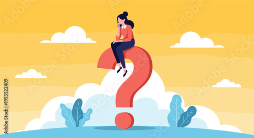 Thoughtful young woman sitting on large red question mark in cloudy landscape symbolizing search for answers or decision making.