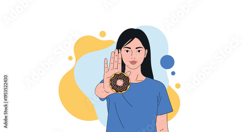 Health conscious woman showing stop gesture with her hand holding chocolate donut to represent diet and sugar reduction.