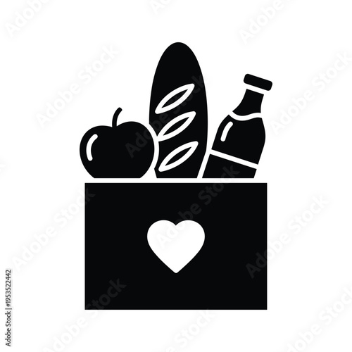 Groceries Heart Icon: Donation, Charity, Food Bag with Apple, Bread, Bottle