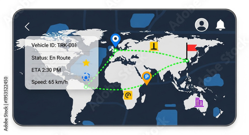 Global Vehicle Tracking Interface on Mobile Device Displaying Real-Time Location.