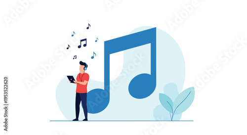 Young man wearing headphones listening to music on his tablet with a large musical note symbol and foliage in back.