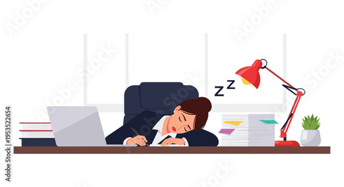 Exhausted female office worker sleeping at her desk next to a laptop and large stacks of paperwork under a lamp.