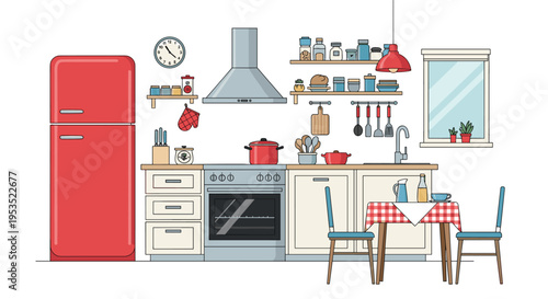 Fully equipped modern kitchen interior illustration with a red refrigerator and dining table set with a checkered cloth.