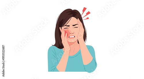 Distressed woman suffering from a severe toothache or headache while holding her face in pain against white background.