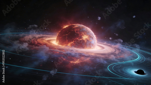 AI-Generated Fiery Planet with Glowing Rings in Deep Space – Dramatic Cosmic Fantasy Scene