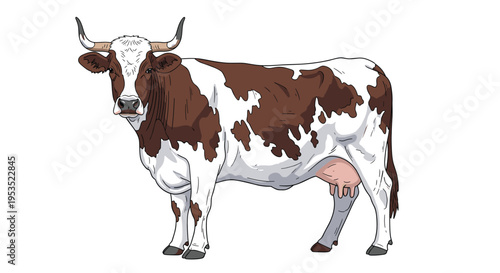 Realistic illustration of a brown and white dairy cow standing against a plain white background in profile view.