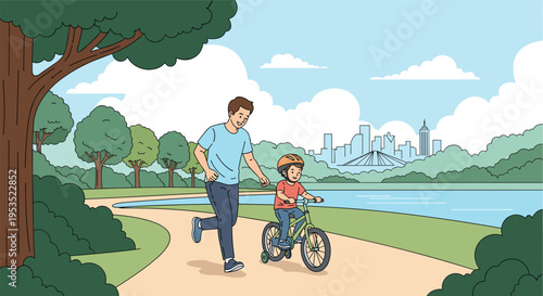 Caring father teaching his young son how to ride a bicycle in a beautiful city park near a lake during the day.