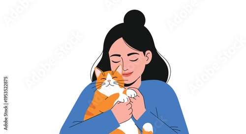 Happy young woman tenderly hugging her fluffy orange and white cat with her eyes closed in a moment of affection.