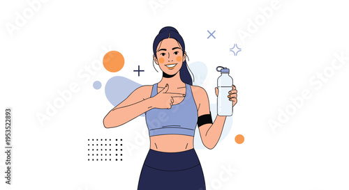 Athletic woman in sports bra pointing at her water bottle after a workout session against a modern background.