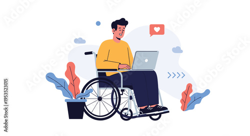 Young man in a wheelchair happily using his laptop while working from home surrounded by green potted plants.