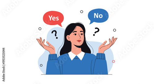 Confused young woman standing between yes and no speech bubbles while trying to make a difficult life decision.