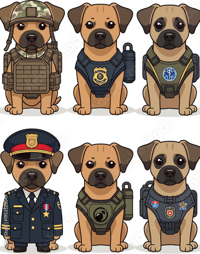 Adorable illustration set pug-like dogs depicted in various service uniforms, from military and police to tactical gear, representing brave and loyal canine companions