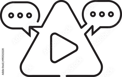 Two speech bubbles converging towards a central video play button icon