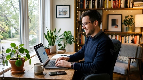 A young professional working in a cozy office environment with a laptop.