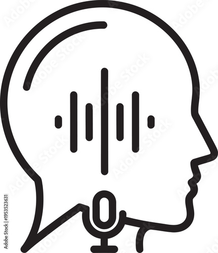 Creative illustration of a human head speaking into a microphone with sound waves
