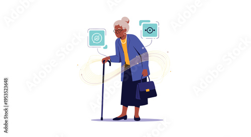 Senior woman walking with a cane and a handbag accompanied by digital icons representing health and assistance.