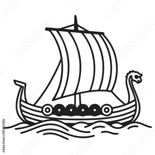 Viking longship drakkar illustration sailing across ocean waves, minimalist black and white line art vector isolated on white background, bold graphic design with historical Norse mythology.