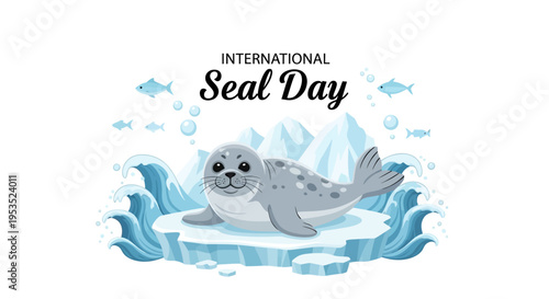 A gray seal lies on an ice floe with waves and icebergs, surrounded by fish, celebrating International Seal Day with a vector illustration design.