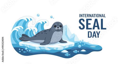 Vector illustration of a seal on melting ice for International Seal Day design with a wave and water splashes in shades of blue.
