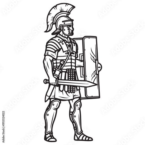Ancient Roman Legionary Soldier Standing with Gladius Sword and Scutum Shield, Historical Military Warrior Illustration in Bold Black and White Vector Line Art Style for Mascot or Logo Design.