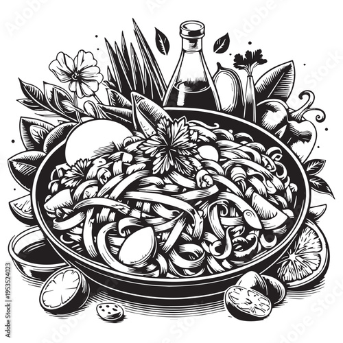 Black Pad Thai Silhouette Vector, High Quality Illustration on White Background