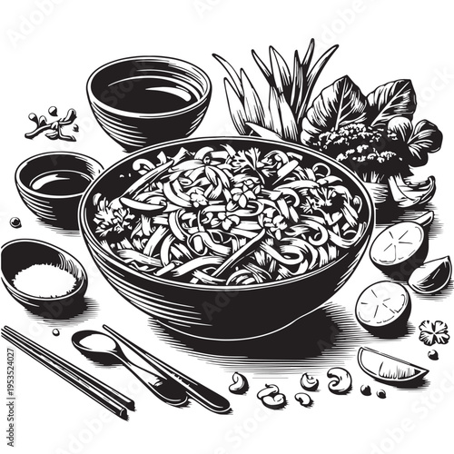 Black Pad Thai Silhouette Vector, High Quality Illustration on White Background