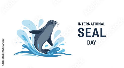 Vector illustration of a seal jumping out of water on International Seal Day with a conservation awareness theme and blue splash design elements.