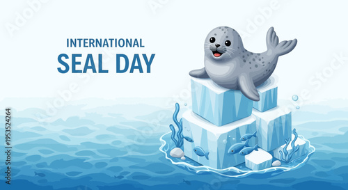 A cartoon seal sitting on melting ice blocks in water, promoting International Seal Day with a vector illustration design.