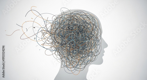 Visualizing the intricate concept of human cognition, depicting a mind filled with tangled thoughts, confusion, and the chaotic nature of mental processes