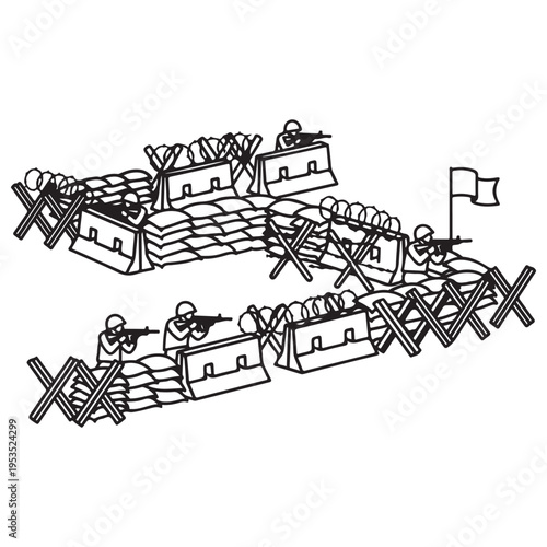 Military defensive fortification with soldiers aiming rifles behind sandbags and concrete barriers, isometric line art illustration of a battlefield trench system for coloring.