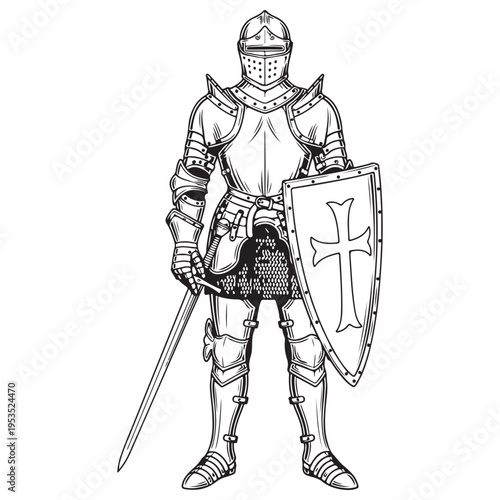 Medieval Knight in Full Plate Armor Standing with Sword and Shield Featuring a Cross, Detailed Black and White Line Art Illustration Isolated on White Background for Historical Graphic Design.