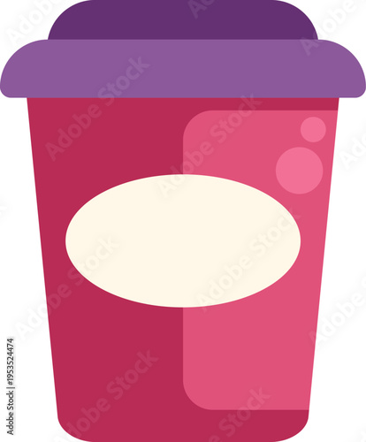 Pink takeaway beverage cup with purple lid and blank label for custom branding